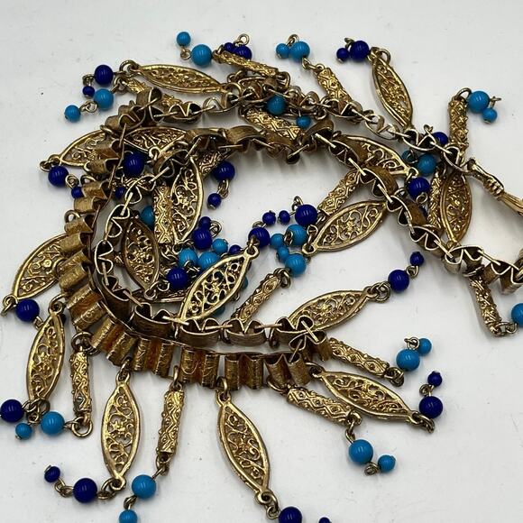 Vintage Etruscan Revival Victorian Era  Filigree Dangle Book Chain Bib Necklace - Picture 6 of 10